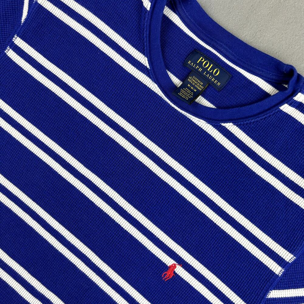 Polo Ralph Lauren Pajama Top Mens Medium Blue Stripe Waffle Thermal Long Sleeve